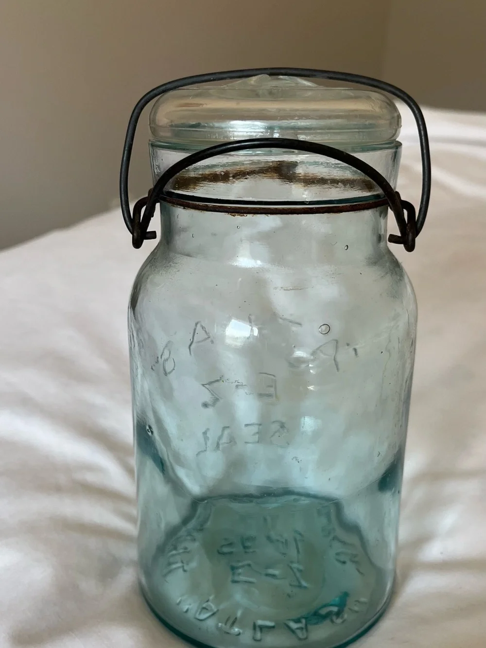 Antique Aqua Glass 'Atlas' E-Z Seal Jar with Wire Bail